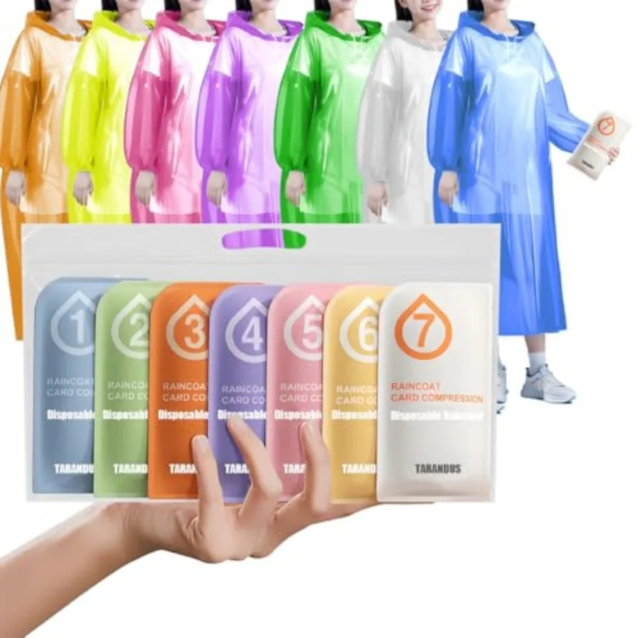 

Disposable Raincoat 7 Packs 7 Colors, Ultra-Compact Waterproof Ponchos with Windproof Hood and Elastic Cuffs