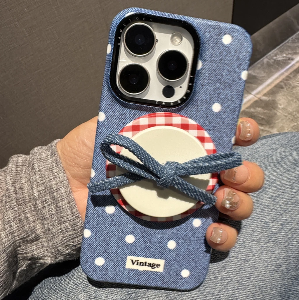 

Retro Cowboy Pattern Wave Point Bowknot With Holder Magnetic Wireless Charging Phone Cover Case for iPhone 16 15 14 13 12 ProMax