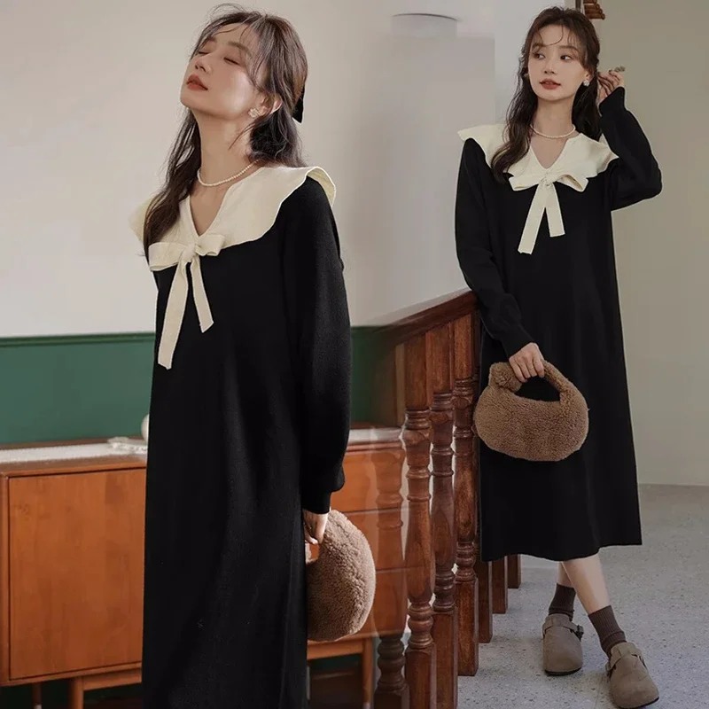 

2024 Korean Style Pregnant Women Black Dress Autumn Winter Long Sleeve Bowknot Collar Maternity Knitting Dress Pregnancy Sweater