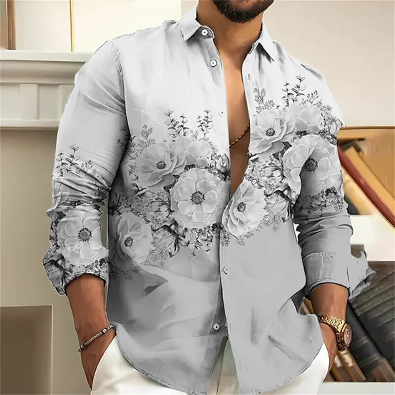 Fashion 2023 Men\'s Shirt Floral Pattern 3D Printing Pink Blue Purple Gray Outdoor Street Long Sleeve Clothing Designer Casual