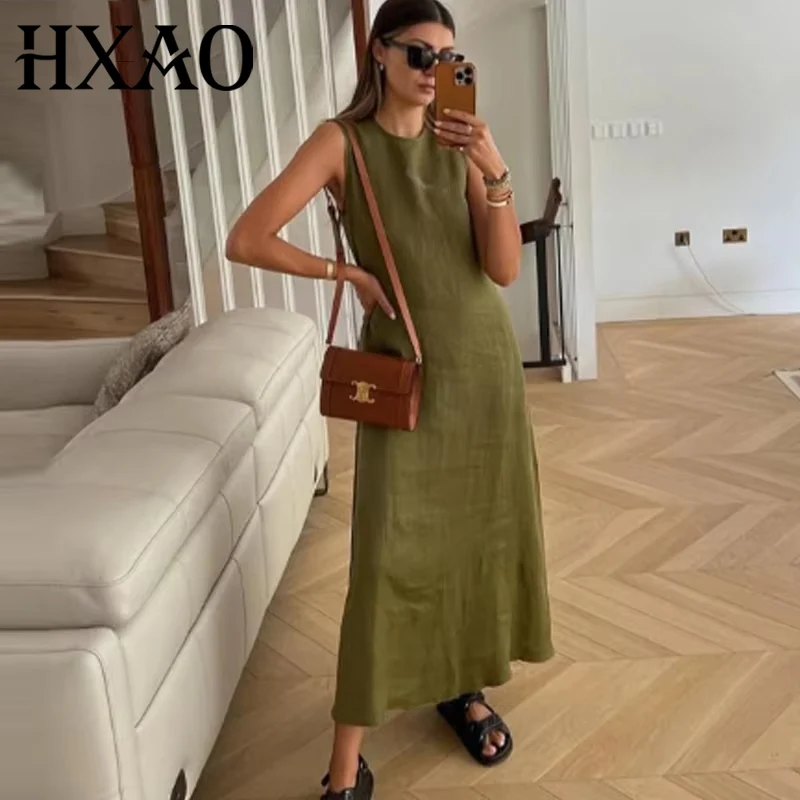 HXAO Abiti lunghi verdi 2025 Donna senza maniche Abito estivo in lino Cut-Out Backelss Abito longuette Abiti eleganti da donna 088