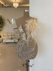 Full Beadings Short Prom Cocktail Dress with Crystal Fringes Tassel Champagne Feather Heavy Handmade Prom Couture Mini Dress