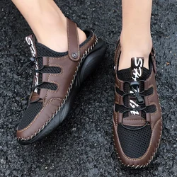 Men's Summer Breathable Mesh Casual Sandals Leather Outdoor Beach Creek Shoes Large Size Handmade Hiking Shoes Wading Shoes