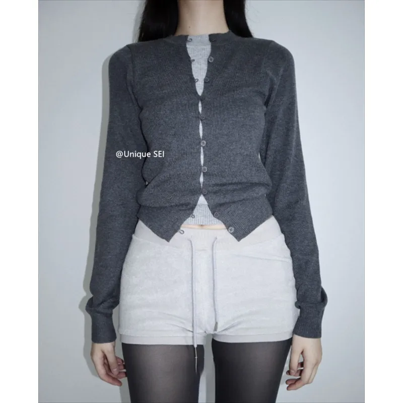 

O-neck Hollow Buttons Casual Long-sleeved Cardigan Women 2025 Autumn New Fake Two Pieces Patchwork Slim Knitted Tops