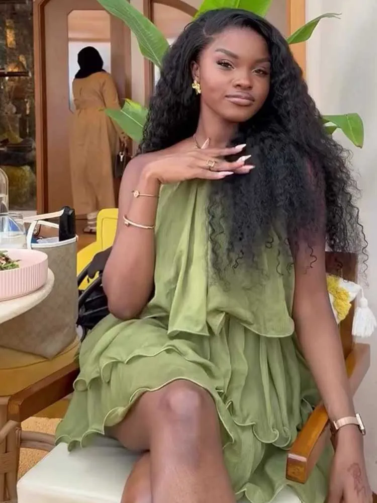 Vestido verde con cuello Halter para mujer, vestido corto de verano con hombros descubiertos, vestido sin mangas con cuello redondo, venta al por mayor, triangulación de envíos