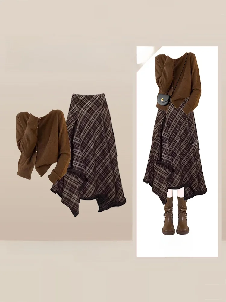 

Loose round Ne Knitwear Asymmetric A-Line Skirt Two-Piece Set Winter Travel Women's Faion Vintage Sle Outfit