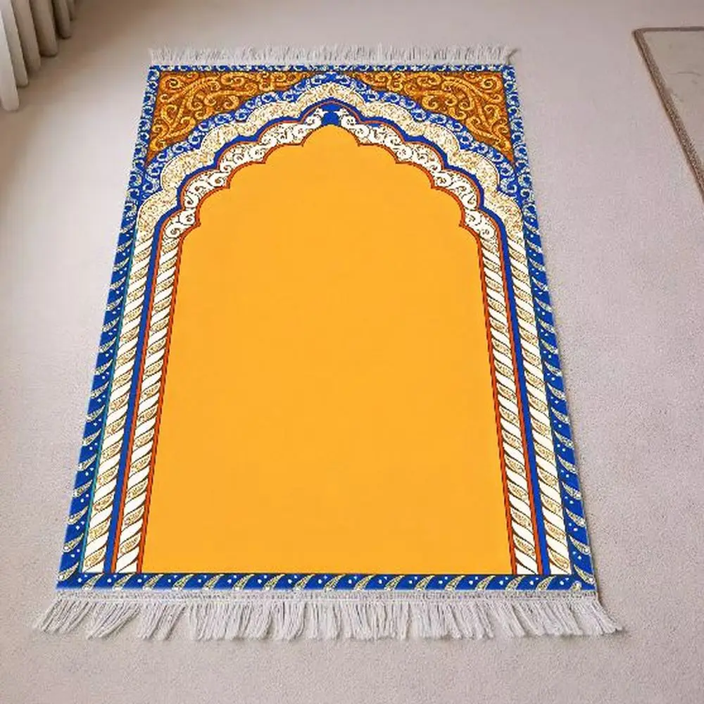 VIKAMA Beige Islamic Prayer Rug Arabesque Arch Non-slip Mat with Fringes for Salah