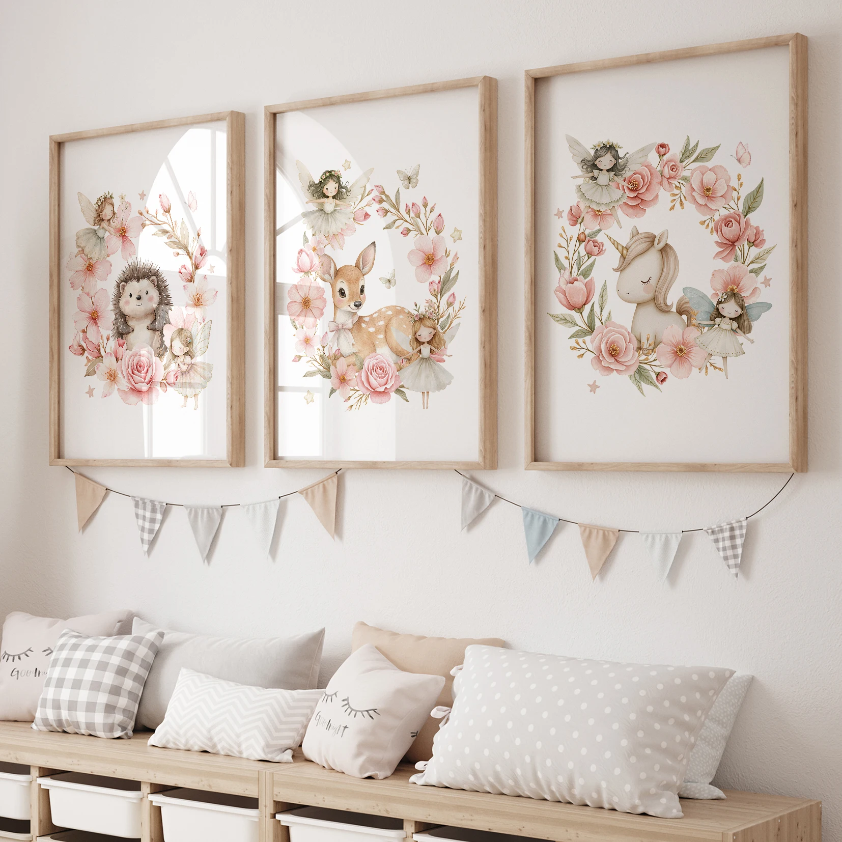3 stücke Cartoon Kinder Rosa Igel Deer Einhorn Wand Kunstdrucke Leinwand Malerei Poster Bild Für Wohnzimmer Wohnkultur
