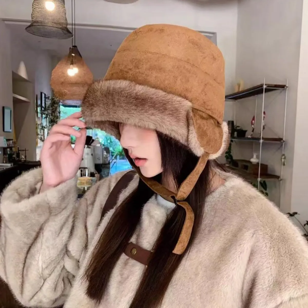 

Women's Furry Bucket Hat Winter Warm Ear Protection Thicken Cap Face Slimming Versatile Outdoor Ski Cold Proof Fisherman Hat