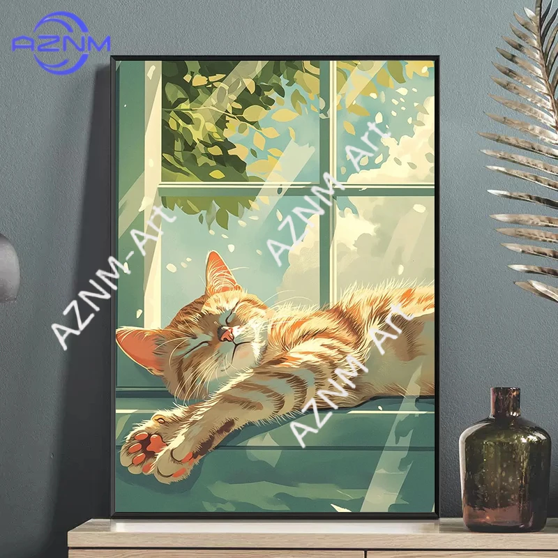 Lazy Cat Cartoon Poster and Print Canvas Painting Cat Sleeping on Windowsill Wall Art Picture for Living Room Home Decoration