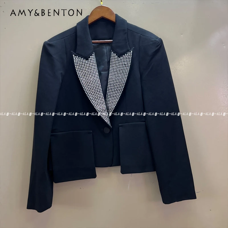 

2024 Autumn Fashionable High-End Commute Style Large Rhinestone Suit Short Jacket Black Slim Ins Style Black Long-sleeves Blazer