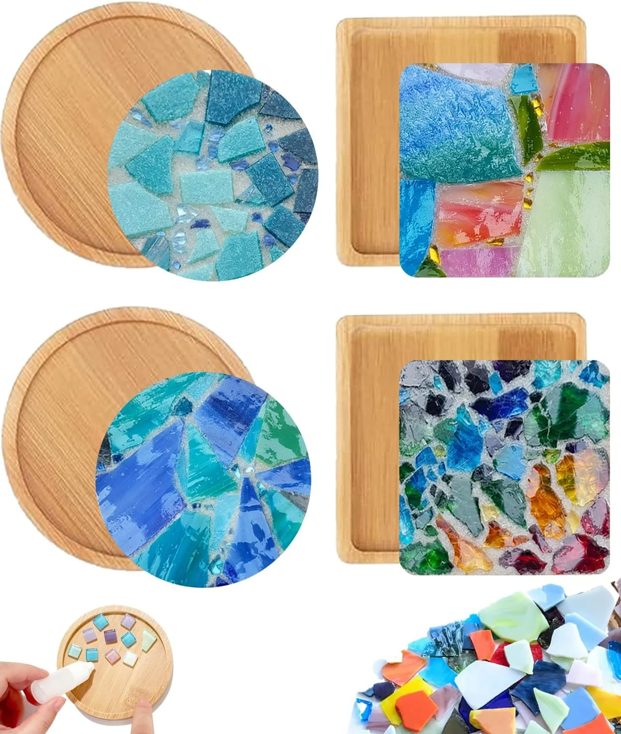 

4 Sets DIY Mosaic Kits for Adults with Wooden Coasters, Mixed Color Glass Mosaic Tiles Craft Kits for Adults Women, Complete Mos
