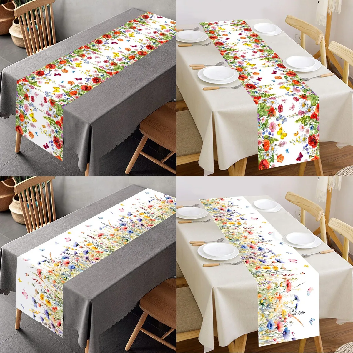 Spring Watercolor Flower Linen Table Runner Holiday Wedding Party Decor Farmhouse Summer Floral Home Kitchen Dining Table Decor
