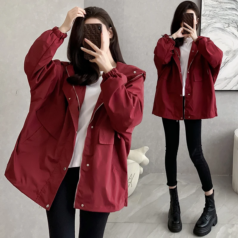 

Spring Autumn Vintage Women Coat Solid Color Hooded Simple Fashion Button Sunscreen Loose Casual Versatile Zipper Female Tops