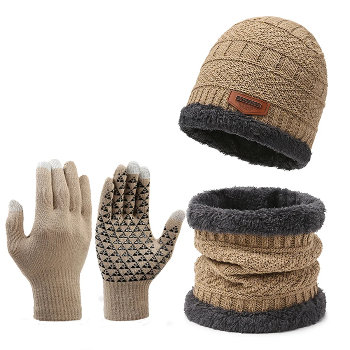 

Cross-border suit hat men's winter scarf gloves three-piece scarf integrated plus velvet warm winter knit hat