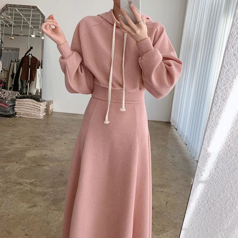 2024 New Fashionable Pink Loose Long Sleeve Hoodie High Waist Long Half Skirt Two Piece Set Women's Clothing Dress Sets