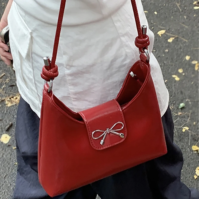 Fashion Bow Wine Red Single Shoulder Crossbody Bags 2024 New Trendy Niche Underarm Coin Purses Solid Versatile Female Handbags