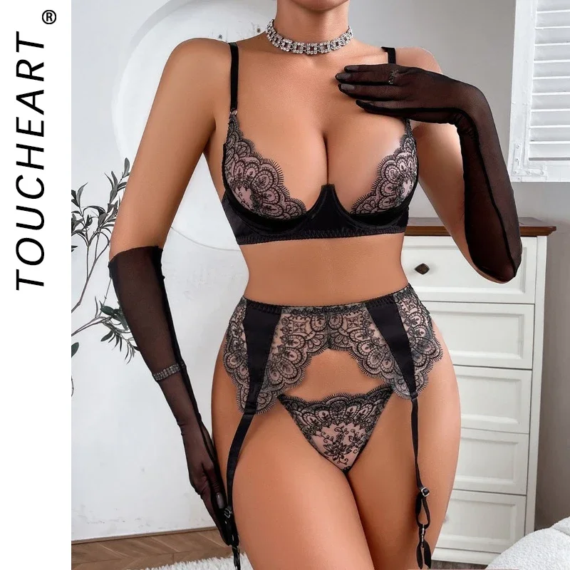 

Toucheart 4 Piece Set Sexy Embroidered Lace Erotic Backless Lingerie For Women Mesh Patchwork Lace See-Through Sexy Lingerie Set