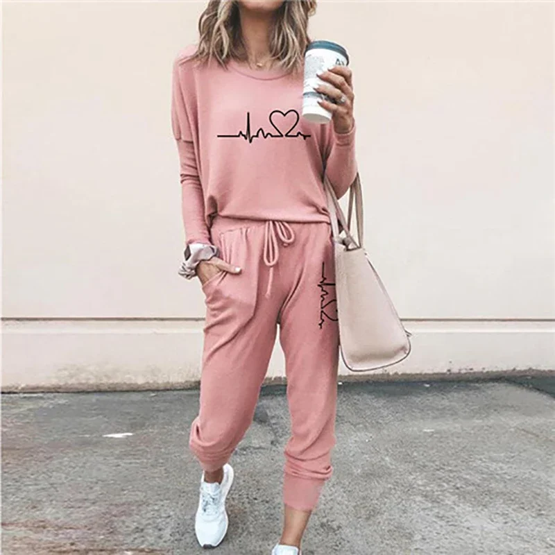 Women Sweatshirt Hoody Set 2024 Fashion Heartbeat Printed Casual Pullovers + Sweatpants Yoga Long Sleeve Suits Sportswear Cloth