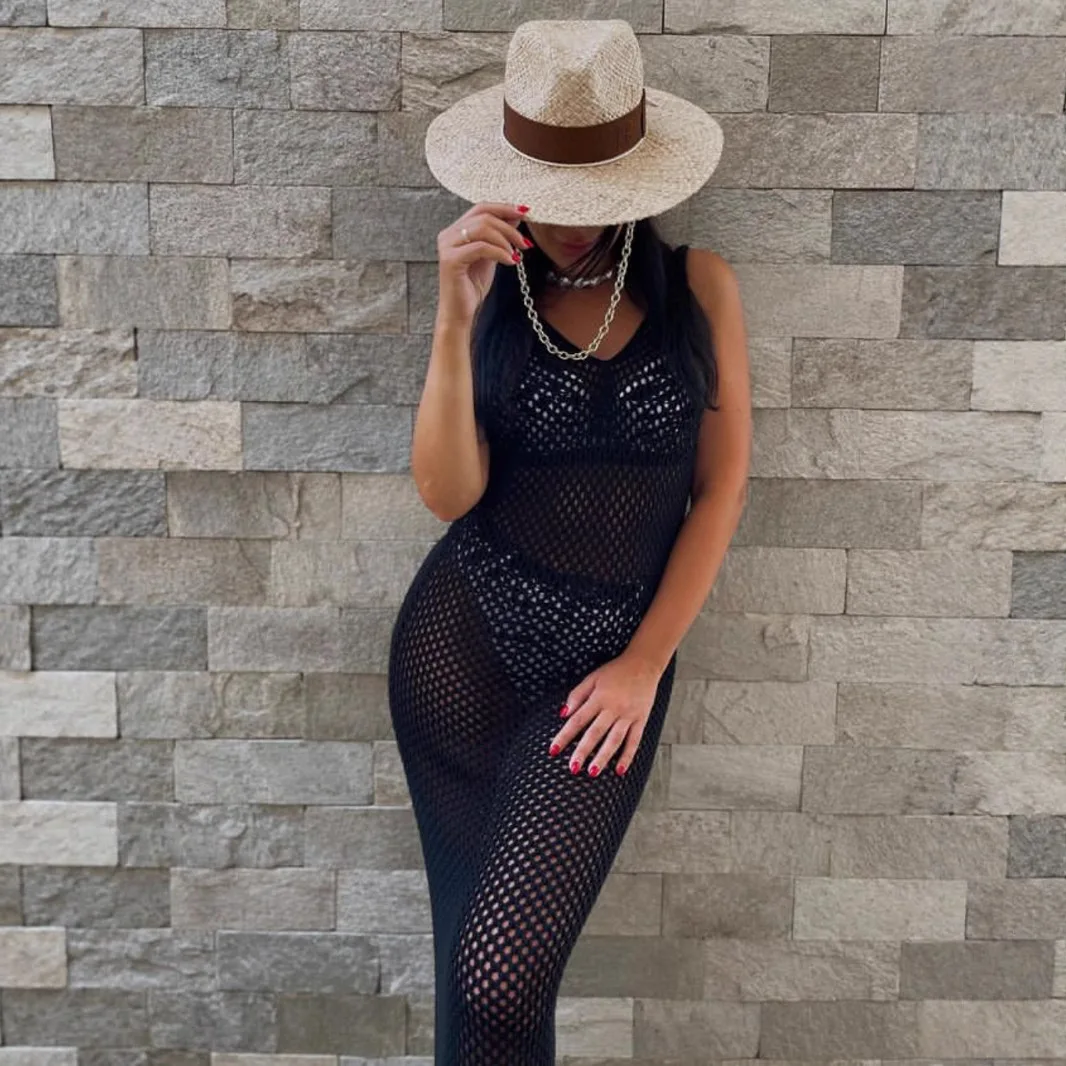 DSMTRC Womens Hollow Out V-Neck Slim Beach Holiday Backless Dresses Knitwear Backless Summer Long Dress Female Knit Maxi Vestido