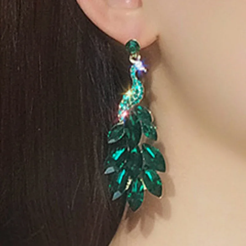 Draweye Crystal Peacock Jewelry for Women Vintage Elegant Korean Fashion Drop Earrings Green Banquet Pendientes Mujer