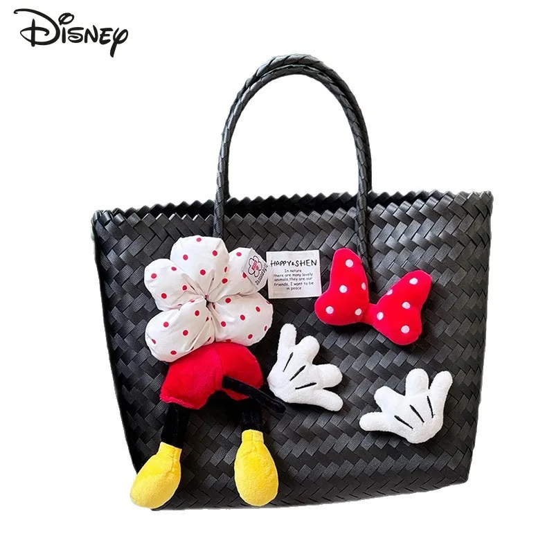 Disney Mickey Minnie Shoulder Bag Fashion Weaving Large Capacity Straw Plastic Weaving Beach Bag Handbag Vacation Outdoor Use