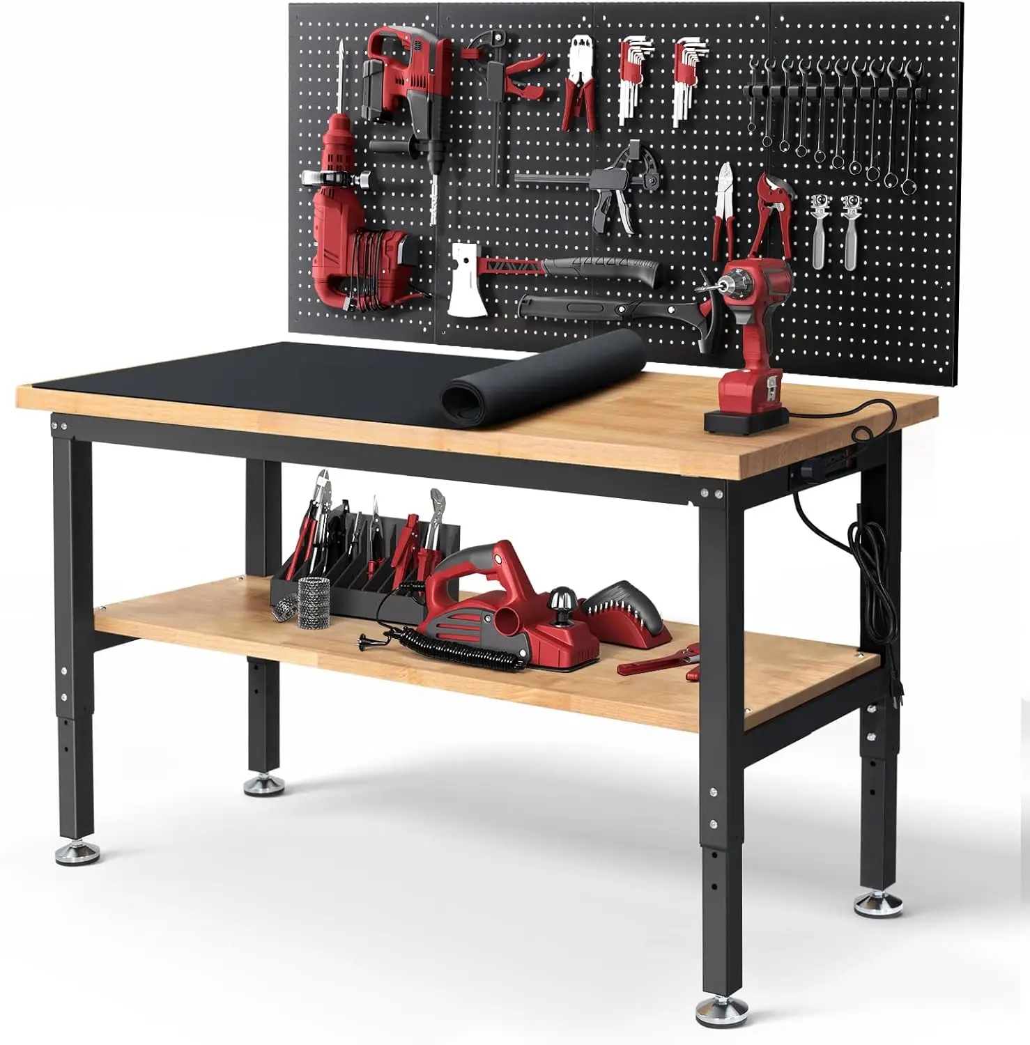 

Work Table for Garage 60 Inch Workbench with Storage Adjustable Height Rubber Wood Tabletop Work Bench