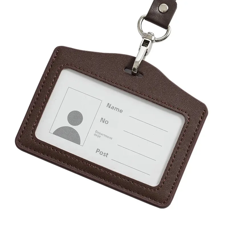 Double-Sided Transparent Genuine Leather Lanyard Work ID Card Holder Customizable Logo Neutral Minimalist Style Business Card Ca