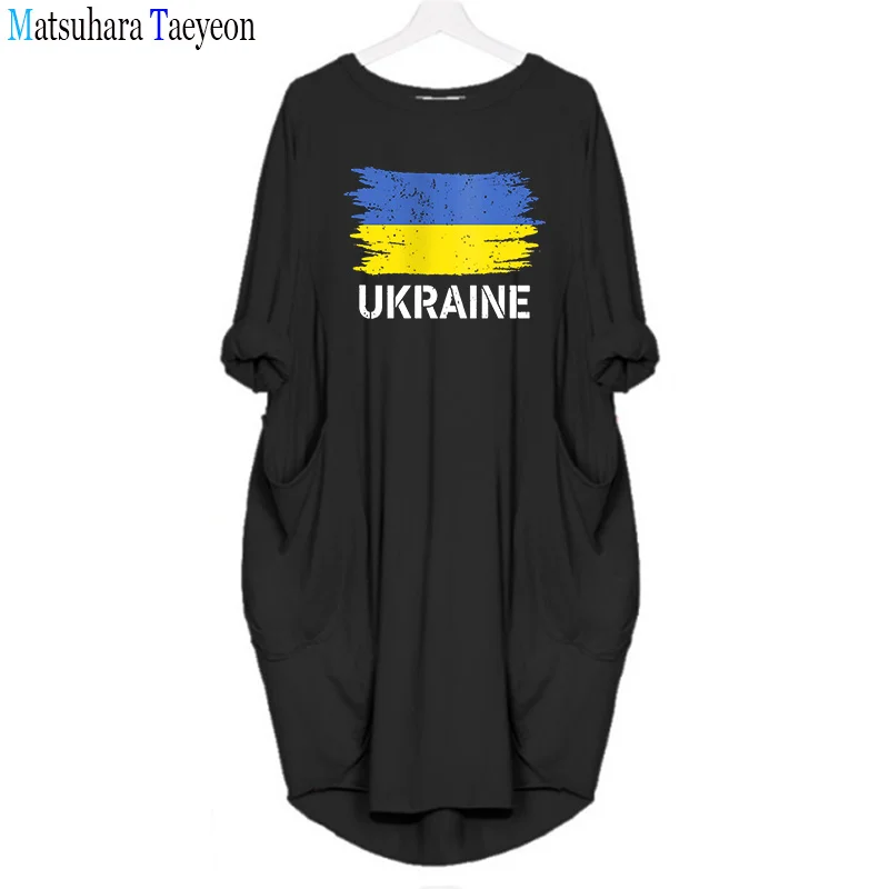 Vintage Ukraine Pocket Dress T-shirt Ukrainian Flag Autumn Women Long Sleeve  Dresses Aesthetic Female Casual Graphic Clothes