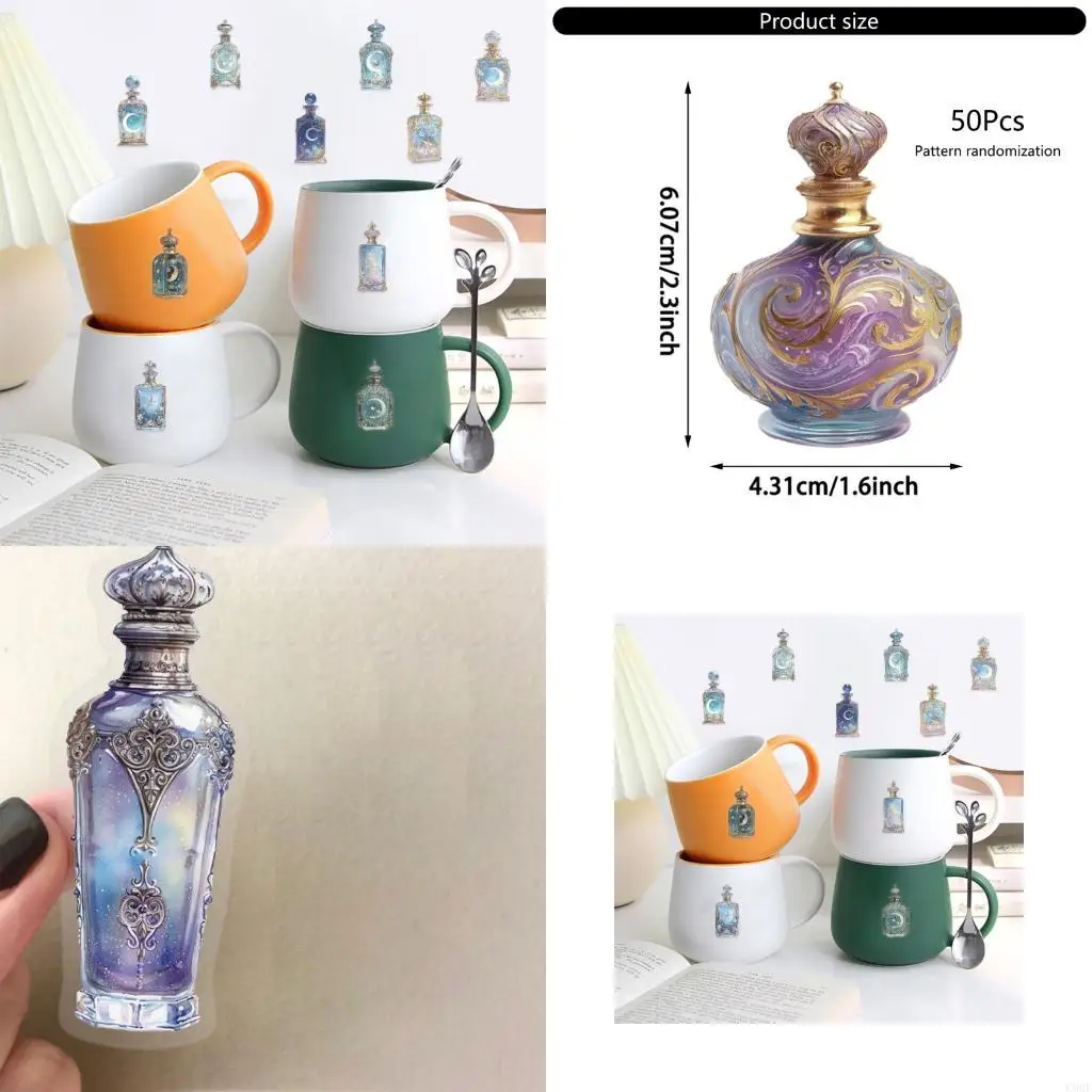 

C90F Mystical Moon Cycle Bottle Stickers Pack of 50 Waterproof PET Adhesive Designs for Guitar Laptop Decoration