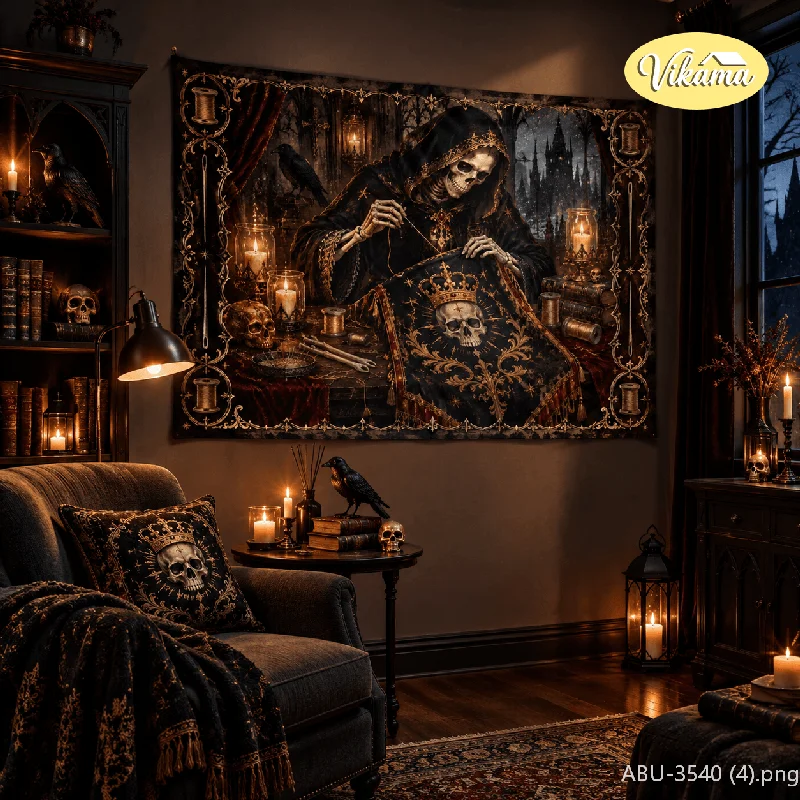 VIKAMA Skeleton Seamstress Crown Skull Wall Tapestry Candle Crow Gothic Victorian Dark Home Decor Modern Style Soft Durable Cozy