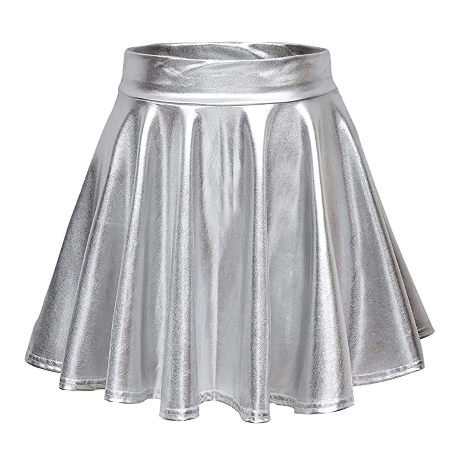 

Metallic Skirt for Girls Flared Pleated A-Line Mini Shiny Skirt High Elastic Waistband A-Line Fashion Casual Dance Leather Skirt