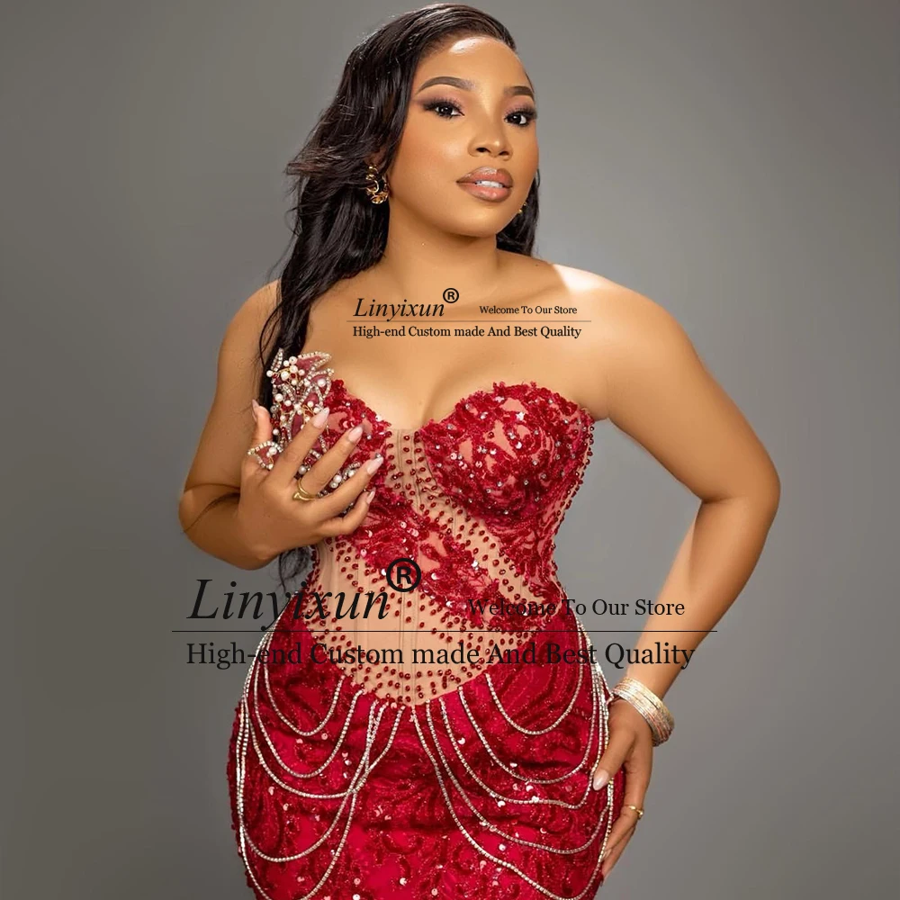 فساتين لحضور الحفلات الموسيقية الكريستالية الرائعة للفتيات السود ترتر حورية البحر رداء حفلات السهرة 2025 مخصص بدون أكمام vestidos para noite #3