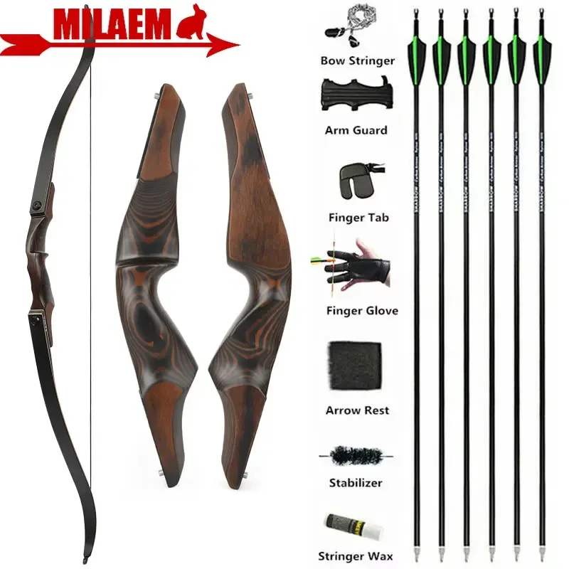 

60inch Recurve Bow 20-60lbs Archery with 6pcs Spine 500 Mixed Carbon Arrow 15 inch Wooden Riser American Hunting Bow Shooting