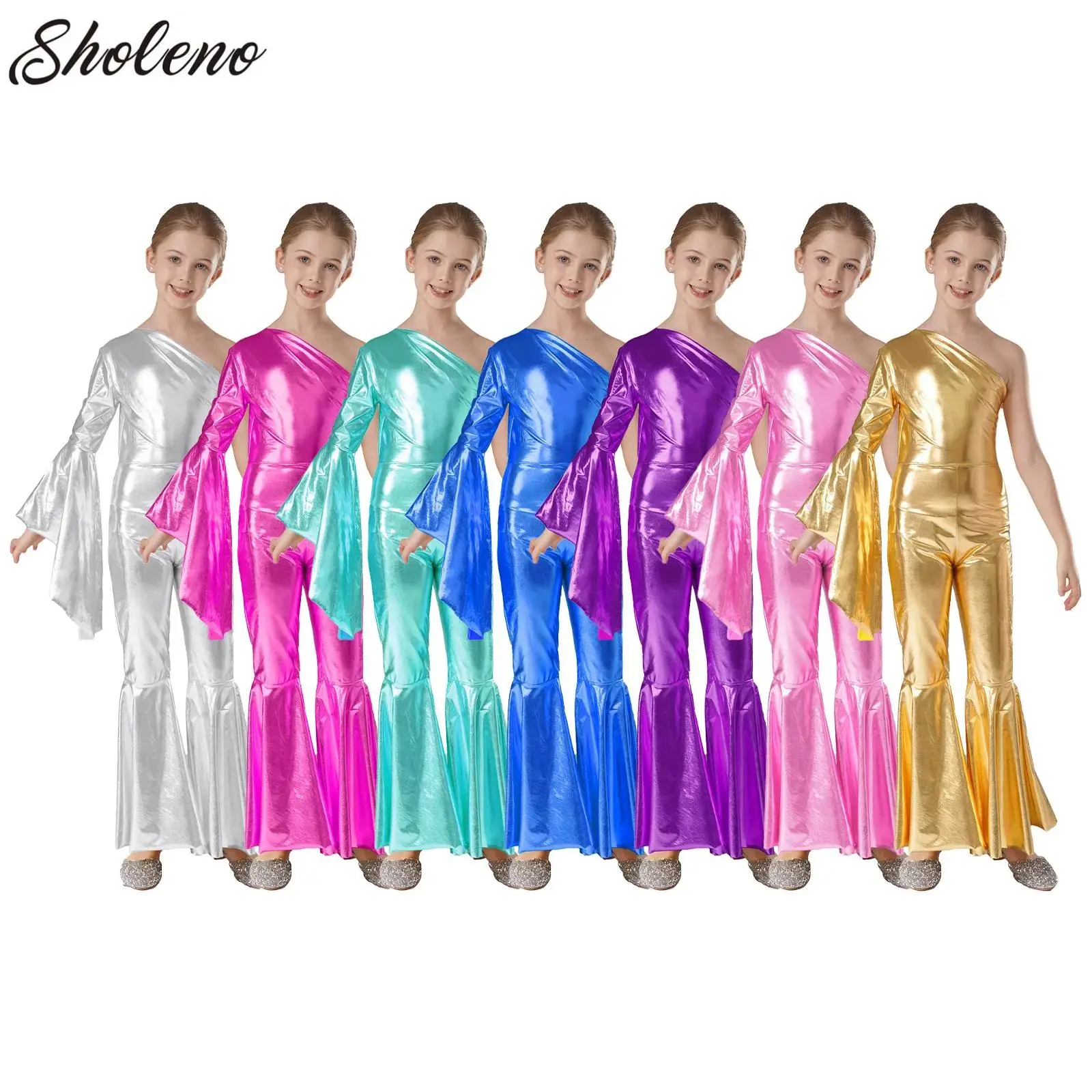 Big Girls Ballet Jazz Dance Performance Costumes Shiny Metallic Full Bodysuit One Shoulder Sleeve Bell-Bottom Jumpsuit Dresses