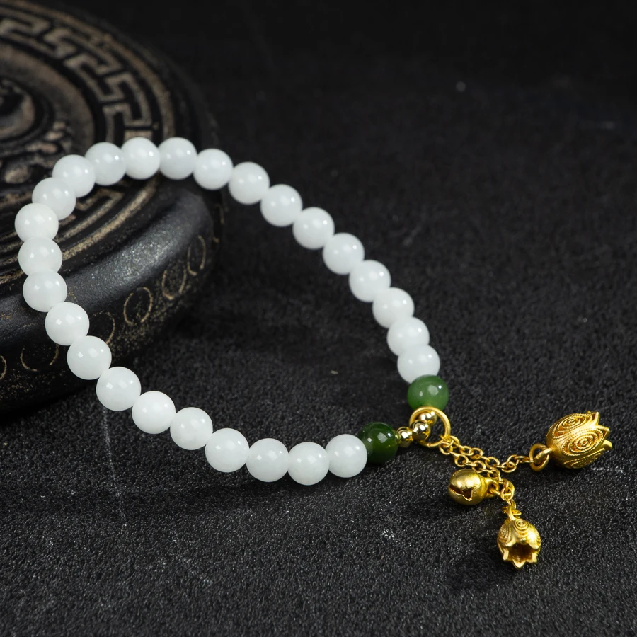 

TIMESWIND Authentic White Natural Jade Round Beaded Alloy Orchid Bell Pendant Women Bracelet with Certificate