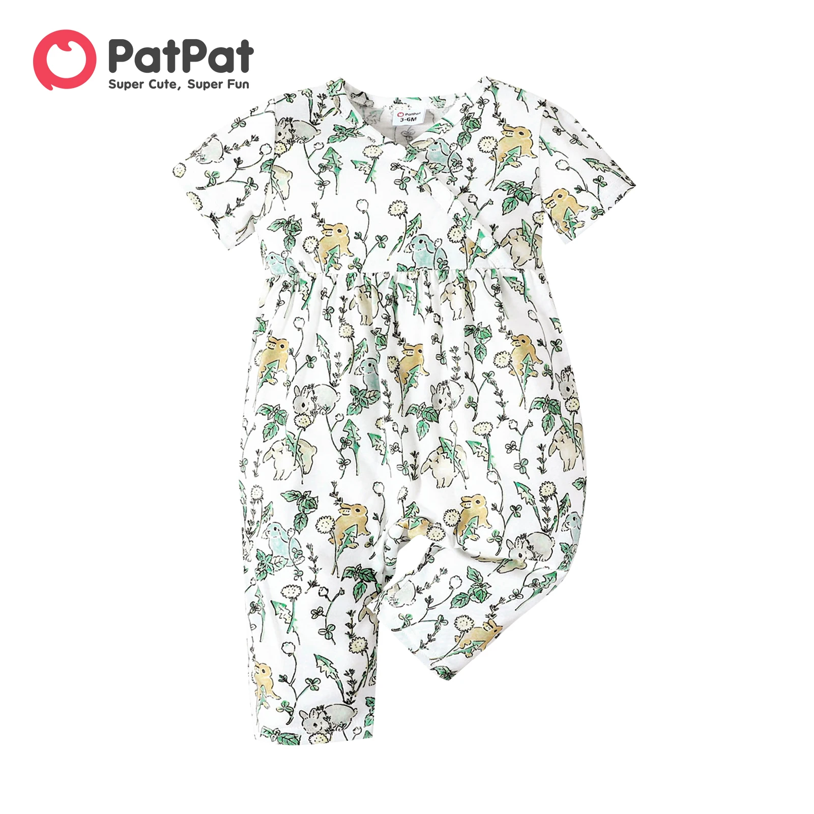 

PatPat Baby Girl All Over Rabbit Print/Solid color/Floral print Ribbed V Neck Short-sleeve Jumpsuit