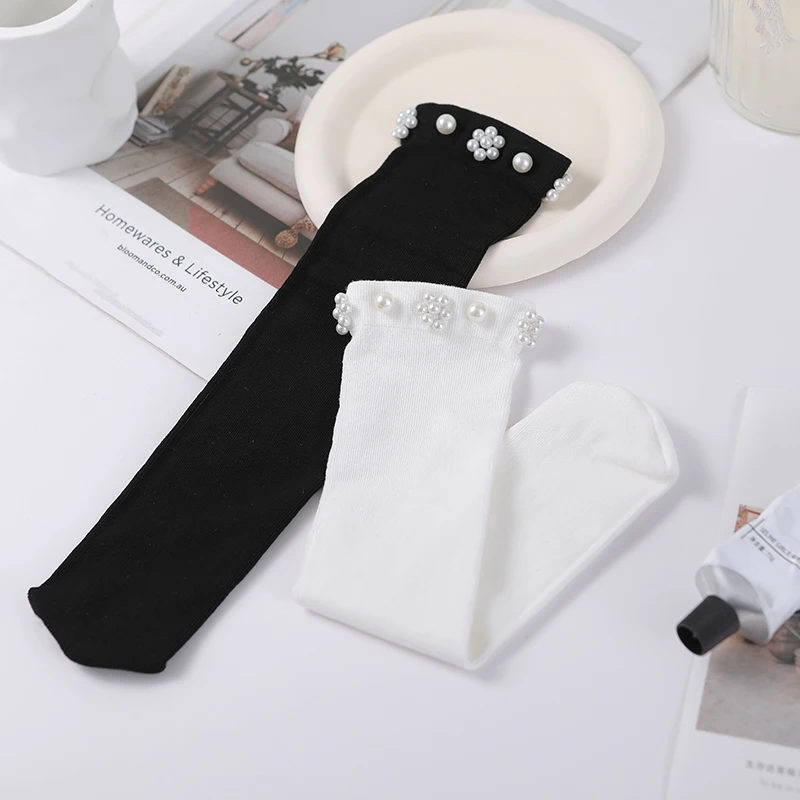 Harajuku White Socks For Women Japanese Fashion Pearl Decoration Long Socks Korean Style Womens Pearls Socken Meias Feminina