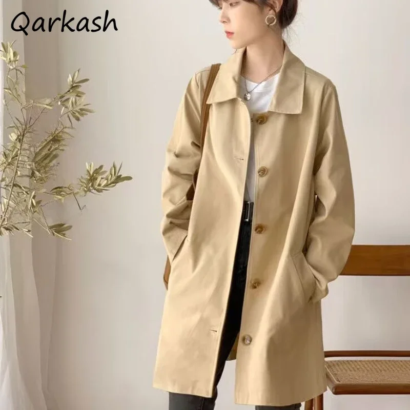 

Элегантный женский Тренч, модные повседневные пальто с карманами на пуговицах, универсальные осенние однотонные винтажные ветровки в корейском стиле с лацканами