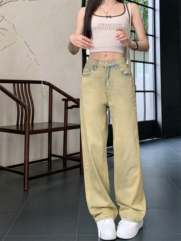 

2025 Trend Women's Y2K Jeans Distressed White Printed Denim Artistic Washed Workwear Wide Leg Pants 2523