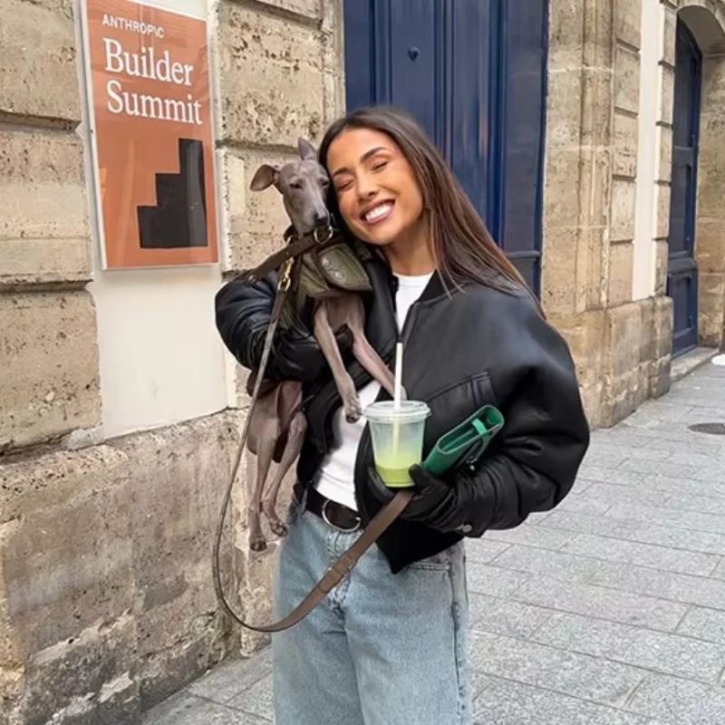 

Шикарная женская кожаная куртка, свободные пальто на молнии с рукавами «летучая мышь», модная укороченная черная верхняя одежда, новинка 2025, женская осенне-зимняя уличная одежда