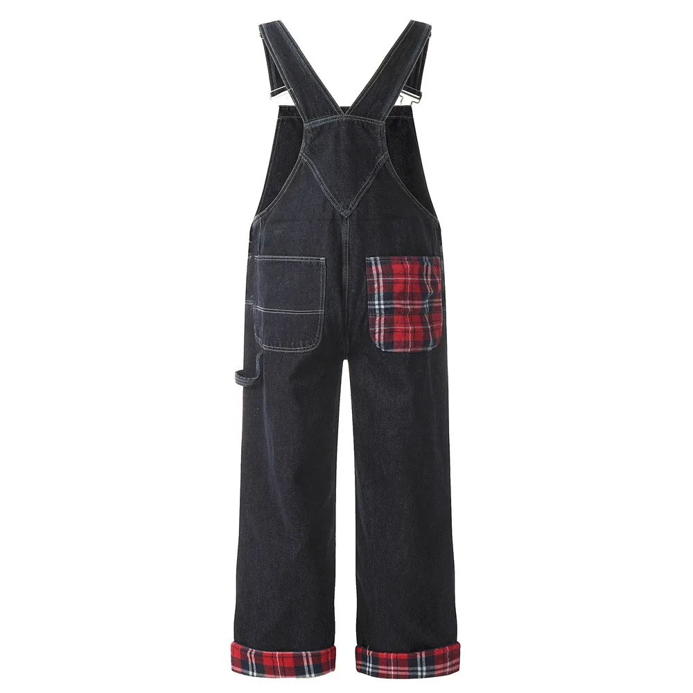 Men Tartan Patch Bib Overalls Check Plaid Print Pocket Dungarees Loose Roll up Hem Suspenders Jumpsuites Jeans Coveralls