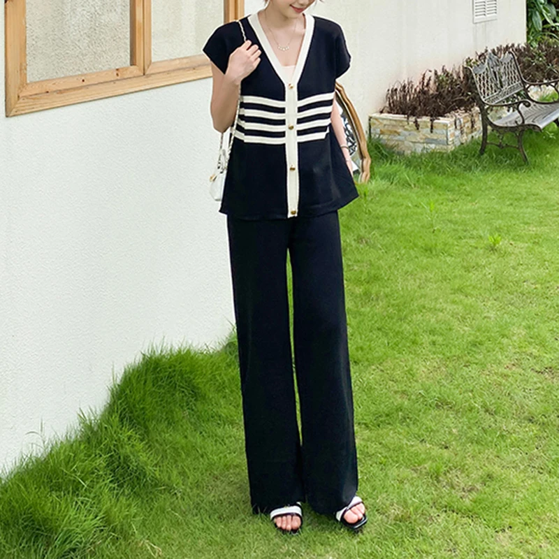 Contrasting Striped V-neck Batwing Sleeve Top Waistcoat Knit 2-piece Sets Wide Leg Long Pant Suit Casual Summer Women Clothing