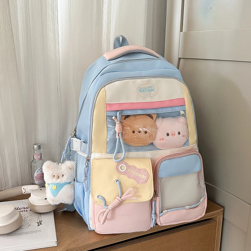 Women's Pastel Color Block Backpack Clear Display Pockets Plush Charm Bow Detail Adjustable Strap Casual Daily Itabag School Bag