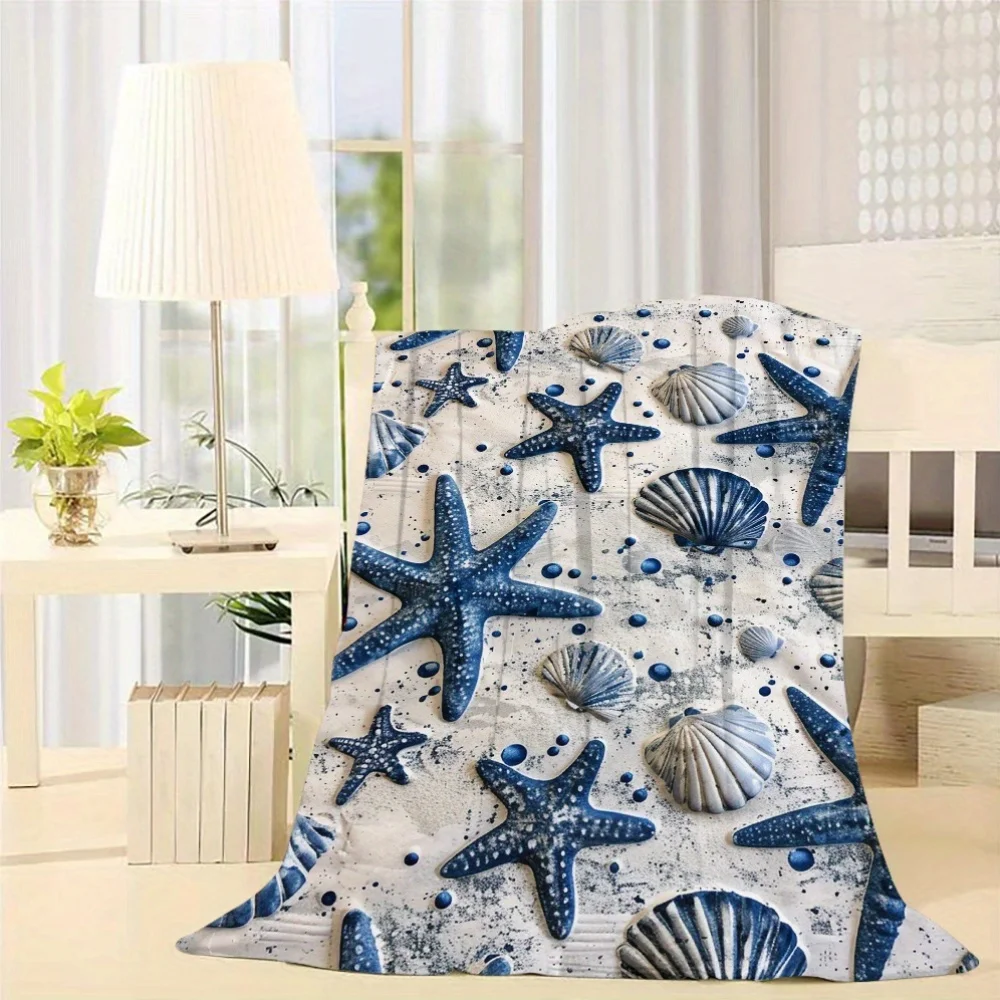 1pc Nautical Starfish and Shell Pattern Blanket, Machine Washable, Polyester Fabric, Suitable for Bedroom Living Room Sofa