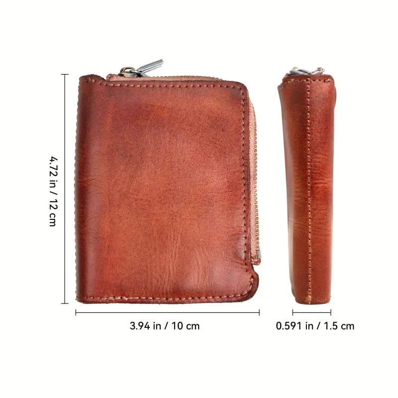 Men'S Card Holder Wallet Retro Genuine Leather Small Money Bag Double Zipper Coin Pocket Fold Clutch Purse