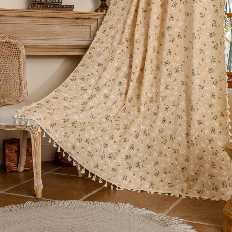 Floral Tassel Curtains Korean Cotton Daisy Road Pocket Shade Curtain for Kitchen Bedroom Living Room Bay Window Cabinet Curtain