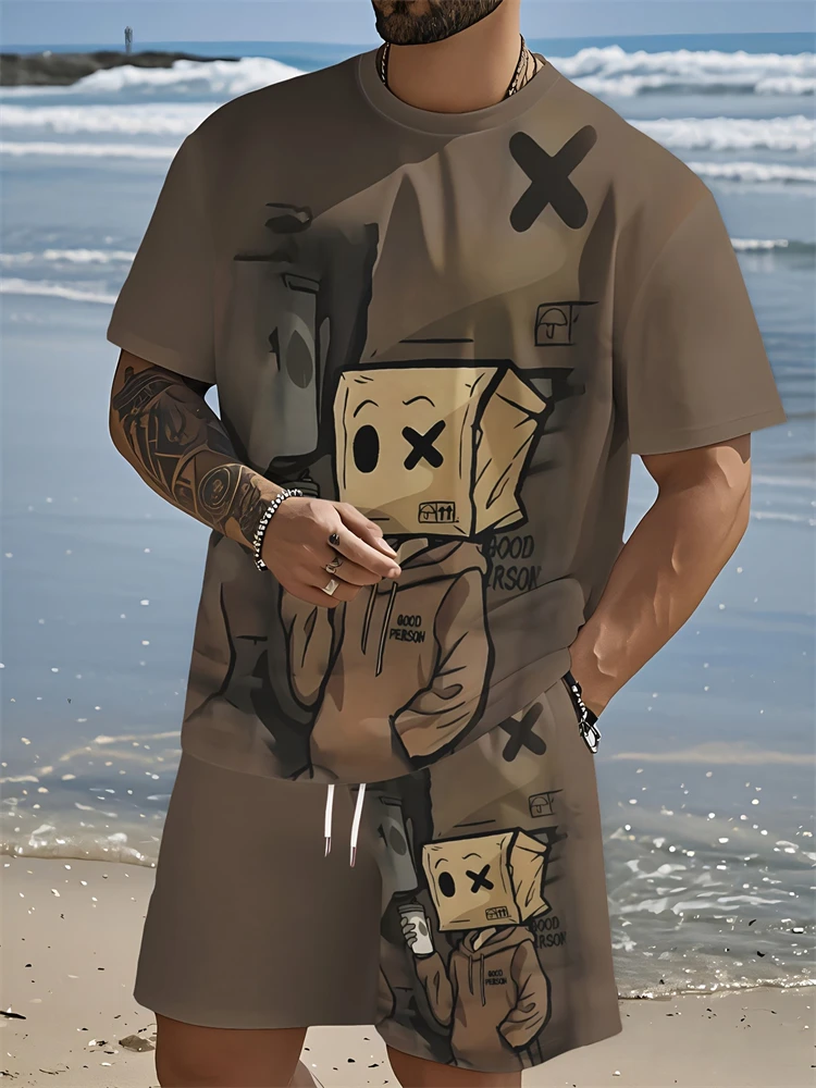 

2025 New Men's Summer Two Piece Set Fun Printed Round Neck T Shirt With Shorts Summer Fashion Trend Men's Large Size Beach Suit