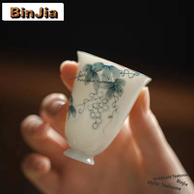 30ml Jade Porcelain Hand-painted Grape Tea Cup Handmade Master Cup Ancient Cup Outline in Gold Fragrance Cup Teaware Decoration