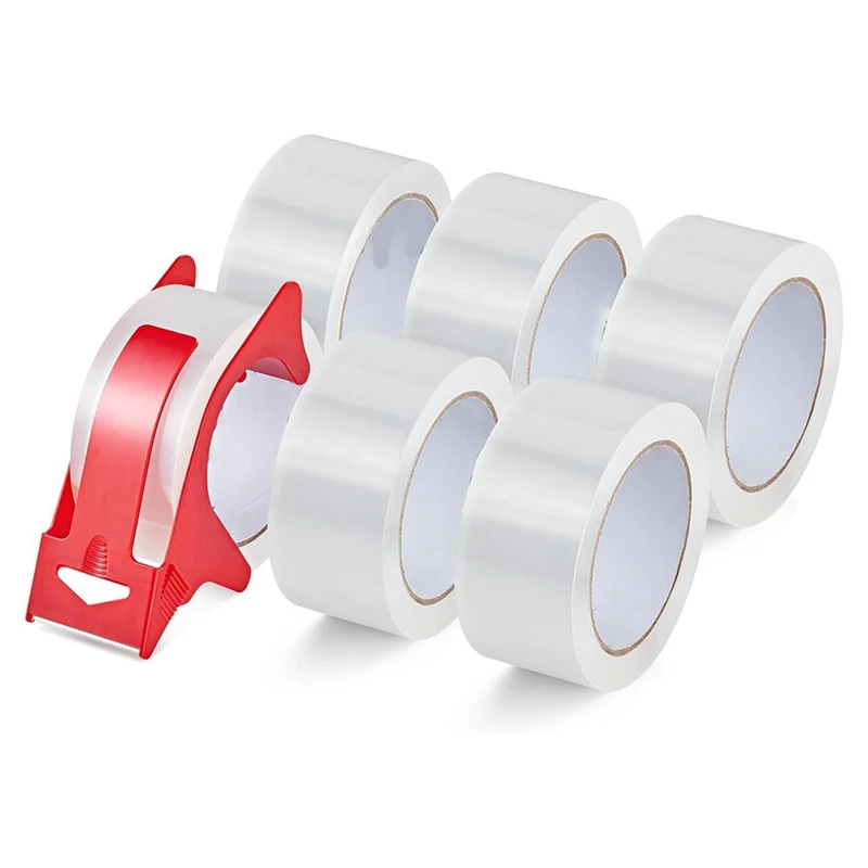 6 Roll Clear Packaging Tape Tape Dispenser, Heavy Duty Packaging Tape Refills For Shipping Packaging Mailing Easy Install